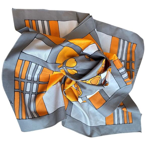 Anne Valery silky scarf mod 1970's orange blue & gray 30" square flower power - Picture 6 of 6